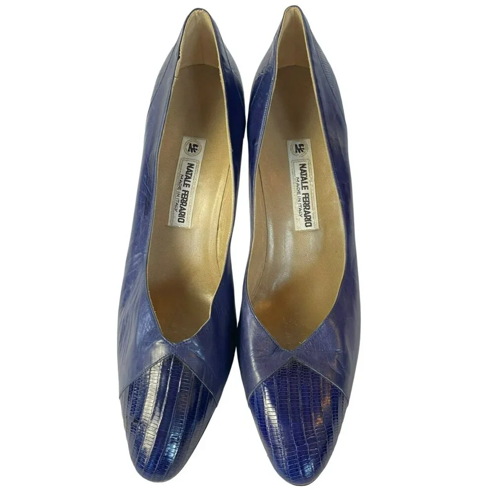 Vintage Natale Ferrario Heels Purple Embossed Leather Snakeskin Size 39 1/2Italy - Picture 2 of 9